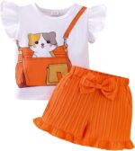 Toddler Girl Clothes Summer Outfits Ruffle Sleeve Cartoon T-Shirt Tops Casual Bow Pocket Shorts 12 Months-4 Years Old - Image 2