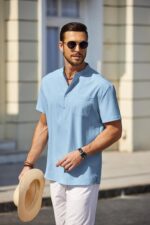 COOFANDY Men's White Solid Casual Short Sleeve Band Collar Henley Shirt with Pocket - Image 5