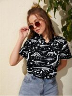 UNIQUEONE Dinosaur Shirt Women Cute Dinosaur Graphic Tees Hawaiian Dino Button up Tops - Image 3