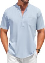 COOFANDY Men's White Solid Casual Short Sleeve Band Collar Henley Shirt with Pocket - Image 2