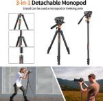 Fluid Head Tripod, COMAN Video Camera Tripod Monopod Aluminium Alloy 70.8 inch Detachable and Quick Release Plate for DJI Canon Nikon Sony DSLR Camera Black Max Load 17.6lb - Image 8