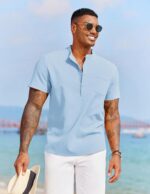COOFANDY Men's White Solid Casual Short Sleeve Band Collar Henley Shirt with Pocket - Image 4