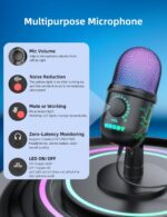 Gaming Microphone, USB Computer Microphone for PC, Mac, PS4/5, Condenser Podcast Mic for Studio Recording, YouTube, Streaming, with Headphone Jack, Led Light, Mute, Gain, Noise Cancellation - Image 3