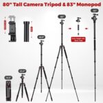 Camera Tripod, 80" Aluminum Heavy Duty Camera Tripod Stand with 360° Ball Head, Phone Holder & Carry Bag, Professional Camera Tripods & Monopods for Camera, Phone, 34lb Max Load - Image 5