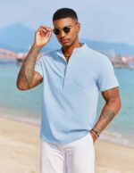 COOFANDY Men's White Solid Casual Short Sleeve Band Collar Henley Shirt with Pocket - Image 3