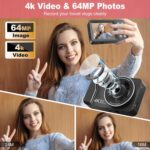 Digital Camera, 4K 64MP, 18X Zoom, Point and Shoot Digital Camera with 64GB SD Card & 2 Batteries, Portable Rechargeable Small Camera for Kids Teens Adult, Black - Image 3