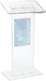 Displays2go Clear Acrylic Lectern with Signage, Floor Standing – Clear, Silver (LCTSLAB1117) - Image 3